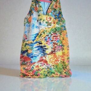 London Times Ruffle Neck A-Line Halter Dress Medium Bright Floral EUC
